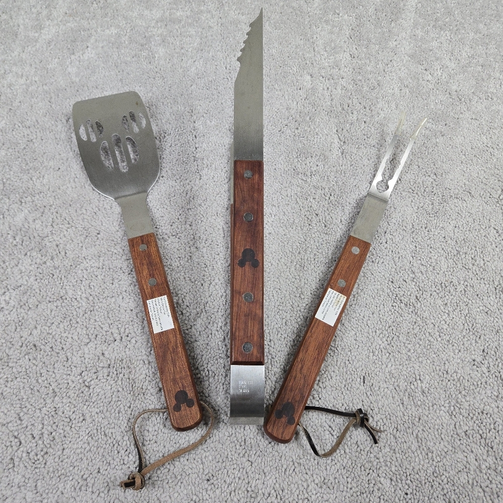 Disney Mickey Mouse Grill Set Spatula Tongs Fork Wood Handle Stainless Steel